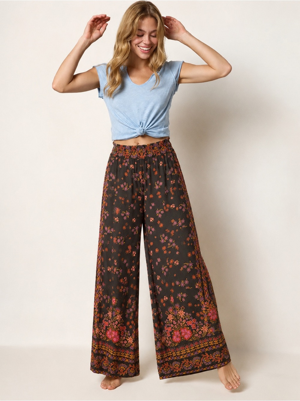 NATURAL LIFE Black Wide-Leg Floral Print Pants with Pink & Orange Blooms